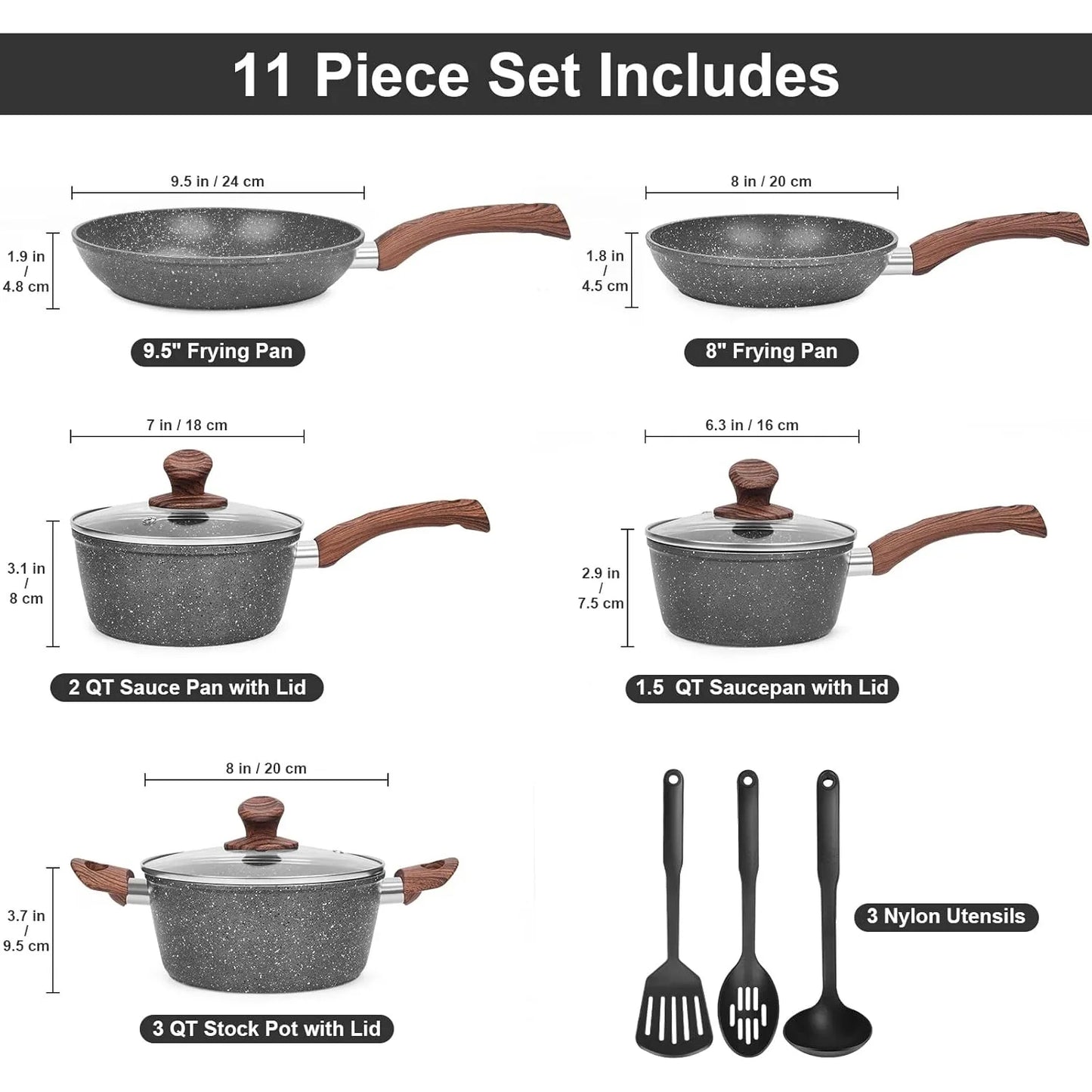 Granite Pots and Pans Set Ultra Nonstick, 11 Piece Die-Cast Cookware Sets with Frying Pan, Sauce Pan, Stockpot,