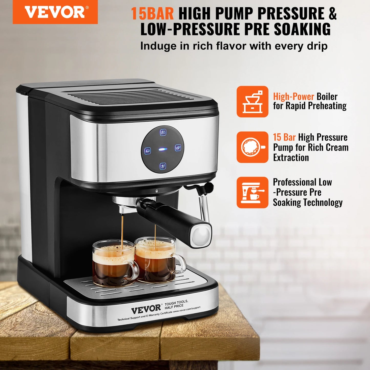 VEVOR Espresso Machine 15 Bar Coffee and Espresso Maker with Milk Frother Steam Wand Professional Semi-Automatic Coffee Machine