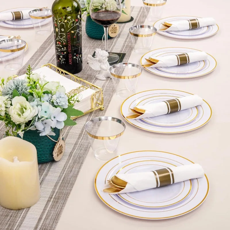 350Piece Gold Dinnerware Set for 50 Guests - Gold Plastic Plates with Disposable Cutlery Include:50Dinner Plates-50Dessert Plate