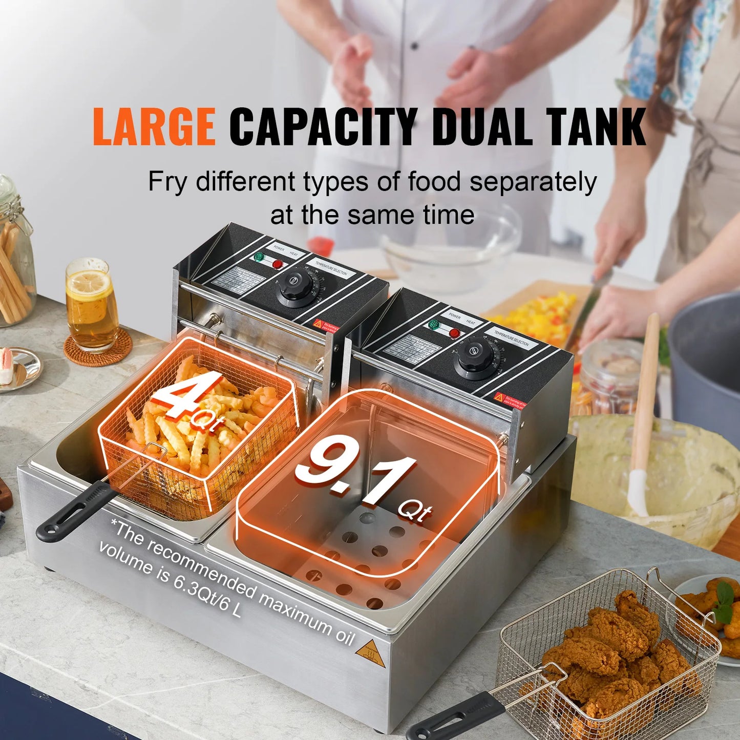 VEVOR Electric Deep Fryer w/Dual Removable Tanks 12L 5000W Commercial Countertop Fryer for Chicken French Fries Frying Chips