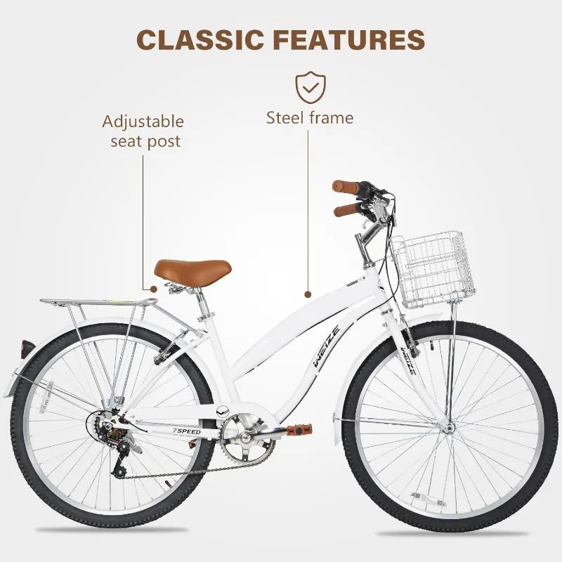 WEIZE Beach Cruiser Bike, 26 inch Commuter Bicycle for Adult Men and Women, 7-Speed/High-Carbon Steel/Front & Rear Fenders