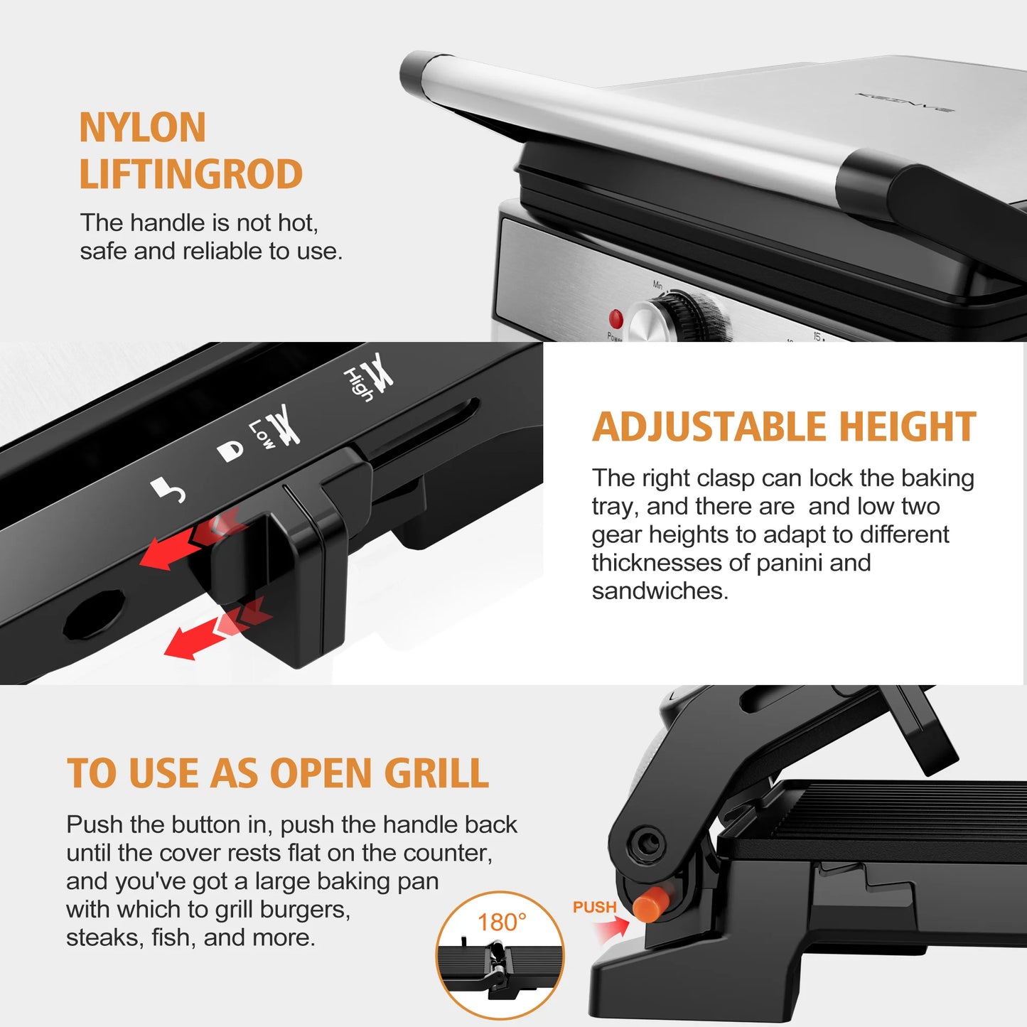 Panini Grill Press,Sandwich Maker Press,Contact Grill, 1600W Non-Stick Grill, 60-Minute Timer, 180 Degrees Opening