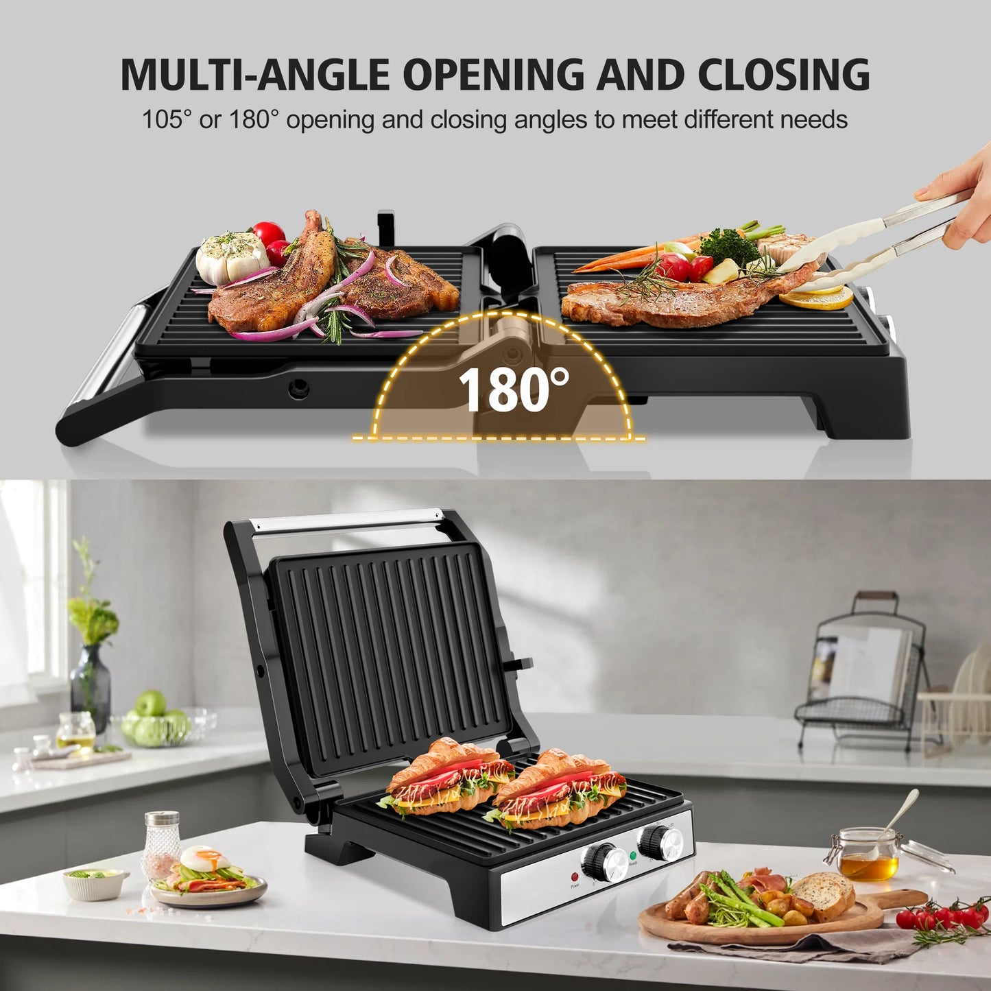 Panini Grill Press,Sandwich Maker Press,Contact Grill, 1600W Non-Stick Grill, 60-Minute Timer, 180 Degrees Opening