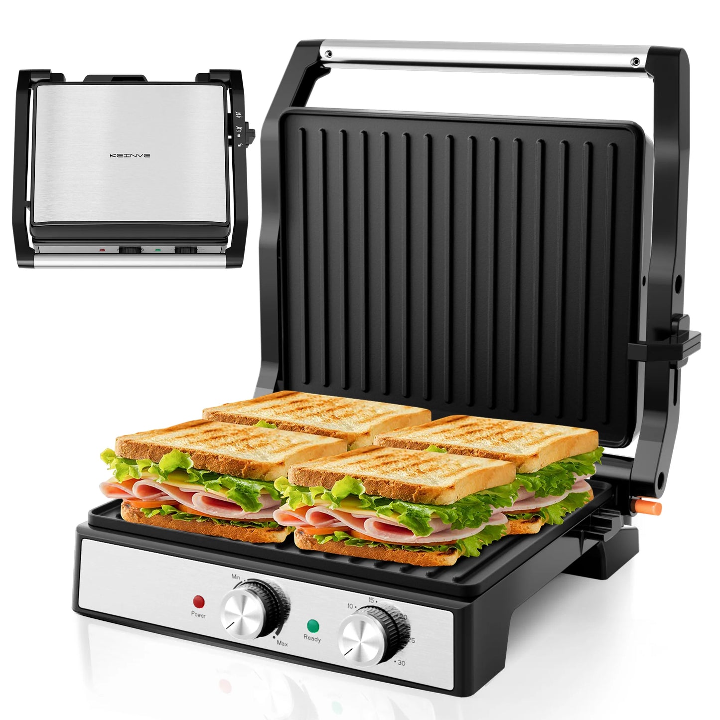 Panini Grill Press,Sandwich Maker Press,Contact Grill, 1600W Non-Stick Grill, 60-Minute Timer, 180 Degrees Opening