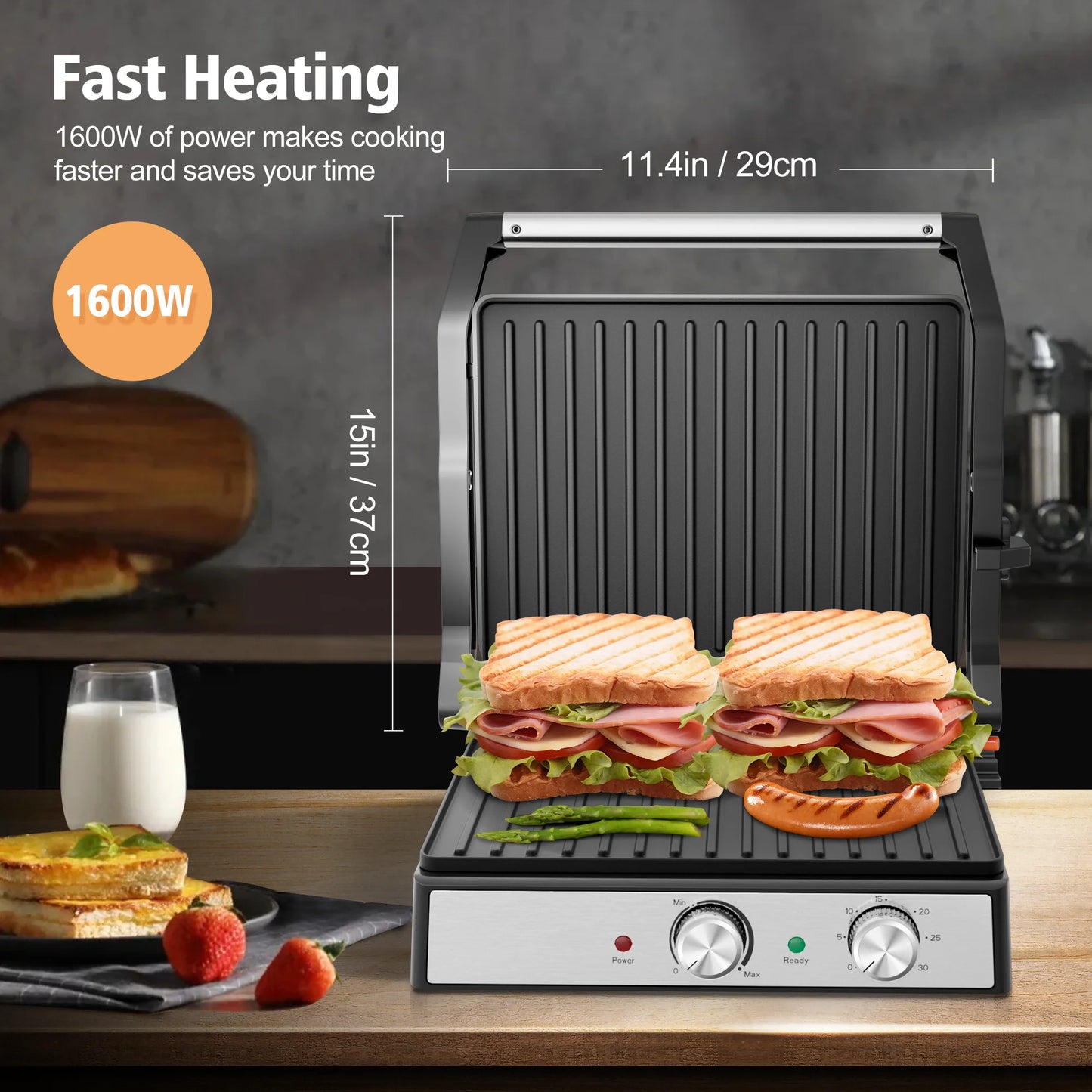 Panini Grill Press,Sandwich Maker Press,Contact Grill, 1600W Non-Stick Grill, 60-Minute Timer, 180 Degrees Opening
