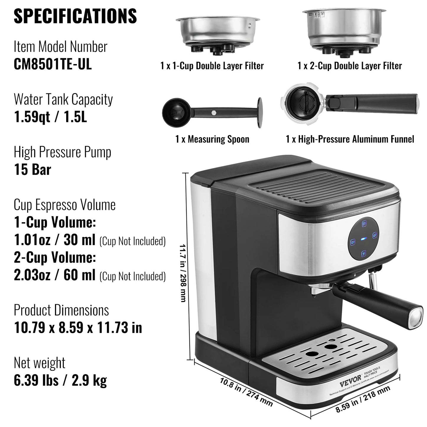 VEVOR Espresso Machine 15 Bar Coffee and Espresso Maker with Milk Frother Steam Wand Professional Semi-Automatic Coffee Machine