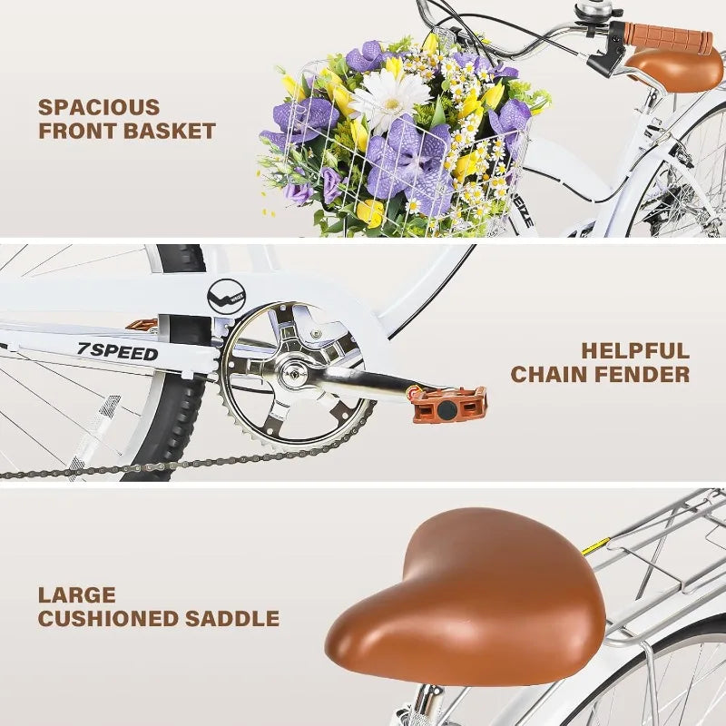 WEIZE Beach Cruiser Bike, 26 inch Commuter Bicycle for Adult Men and Women, 7-Speed/High-Carbon Steel/Front & Rear Fenders