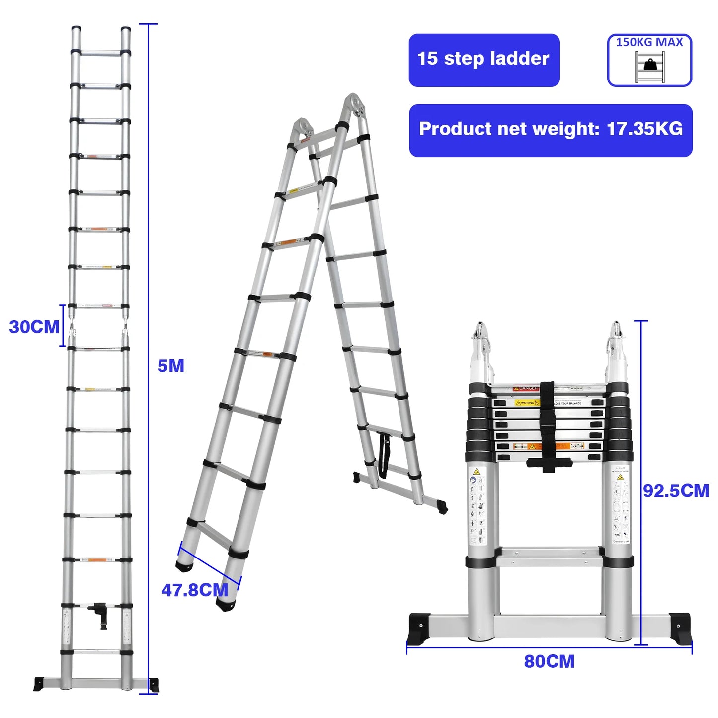 3.8M/5M Aluminium  Telescopic Ladder ,Heavy Duty Multi-Purpose A-Frame Sturdy Folding Ladder ,No-slip,150kg Load Capacity