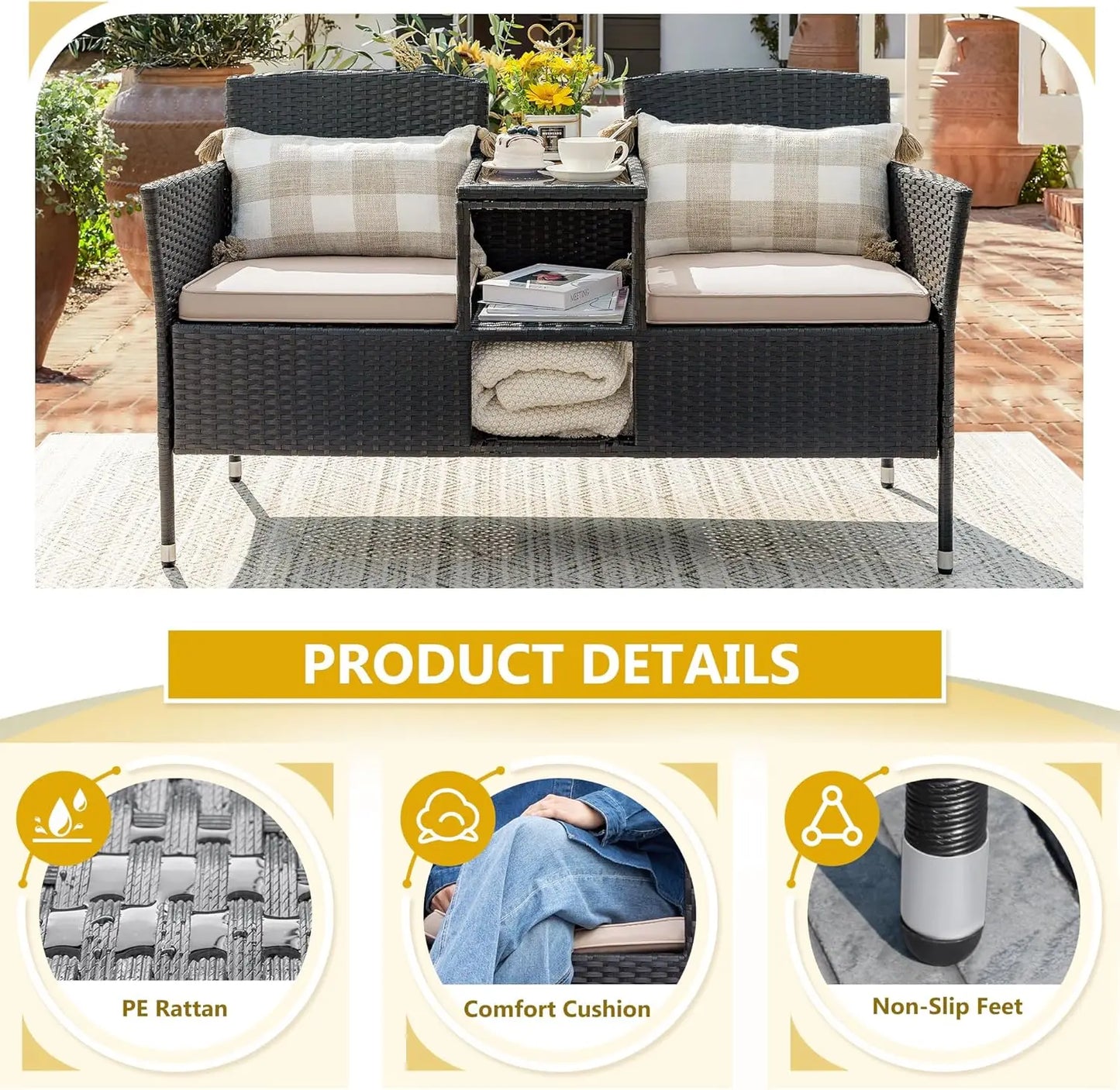 Modern Rattan Patio Loveseat With Cushions And Coffee Table