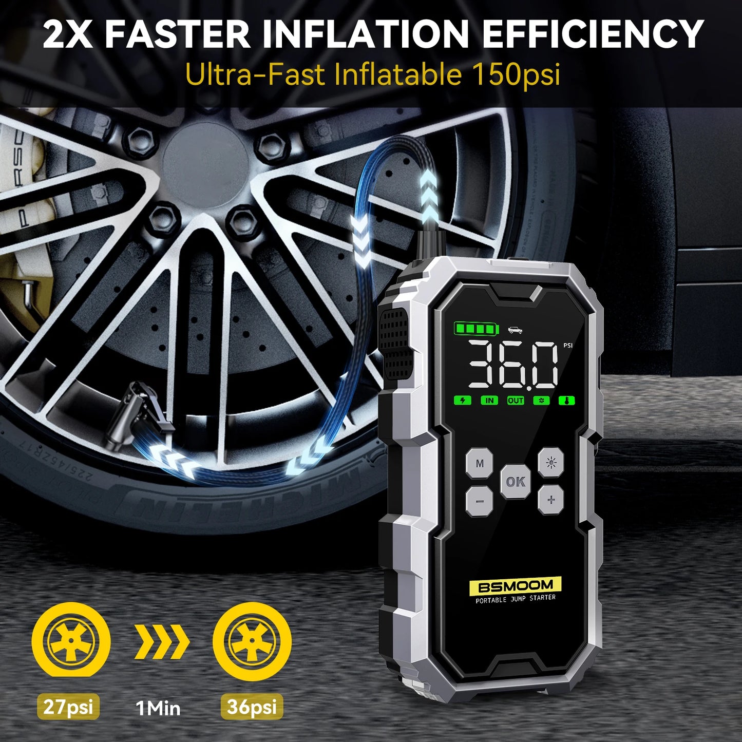 Powerful Car Jump Starter and Air Compressor with LED Light