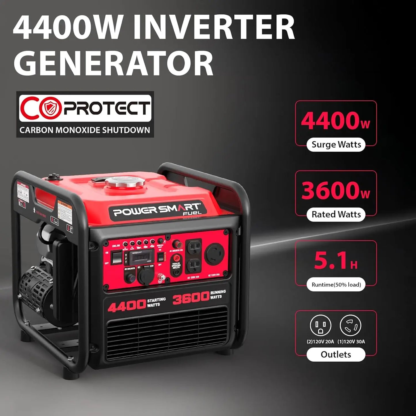 4400-Watt Gas Powered Portable Inverter Generator,CO-Sensor, Lightweight for Home Use & Emergency Backup, Camping, EPA Compliant