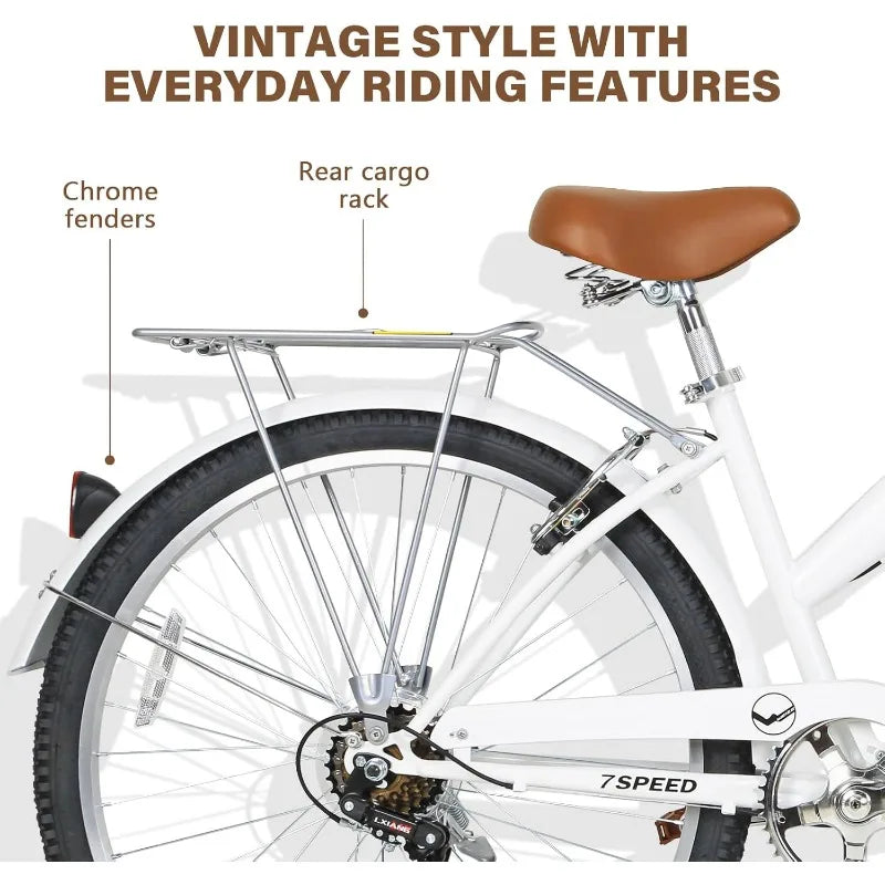 WEIZE Beach Cruiser Bike, 26 inch Commuter Bicycle for Adult Men and Women, 7-Speed/High-Carbon Steel/Front & Rear Fenders