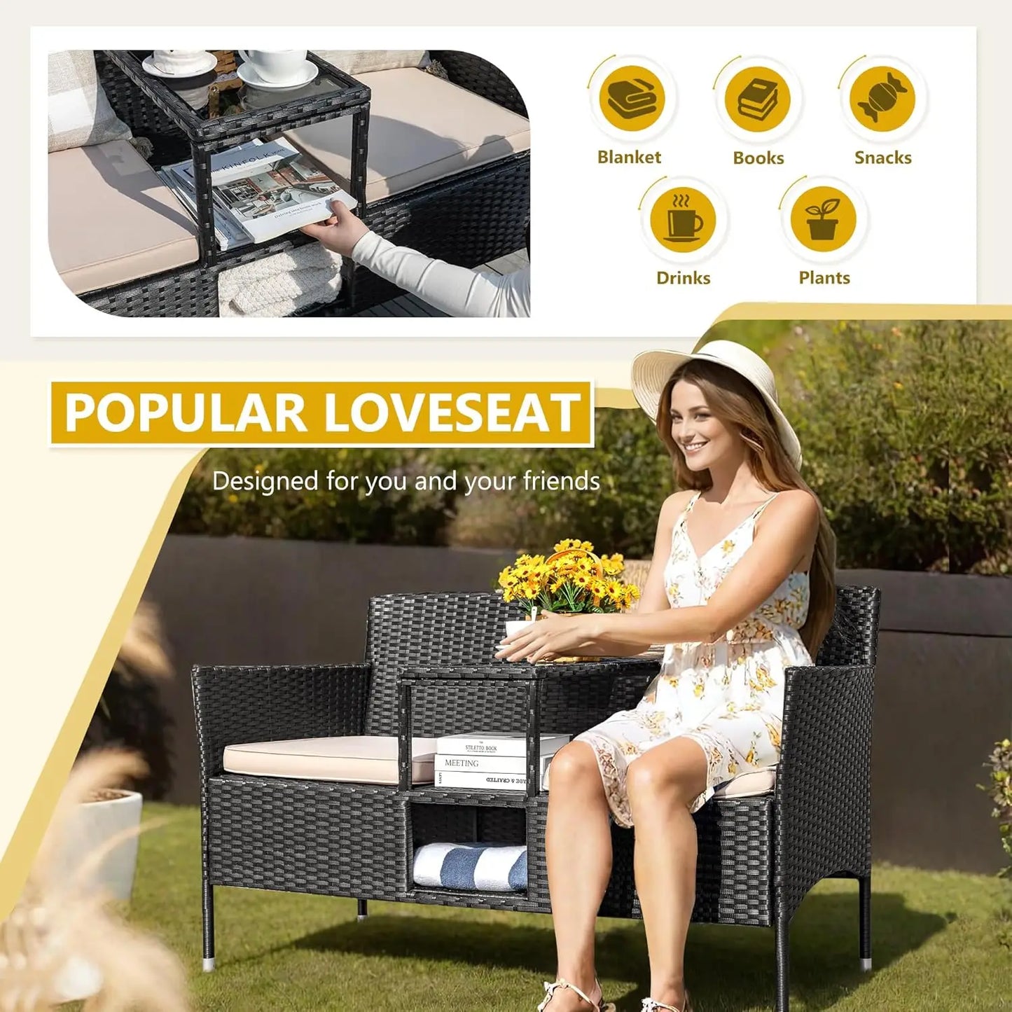 Modern Rattan Patio Loveseat With Cushions And Coffee Table