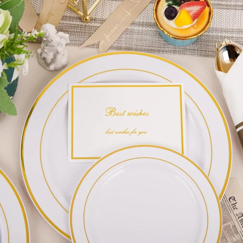 350Piece Gold Dinnerware Set for 50 Guests - Gold Plastic Plates with Disposable Cutlery Include:50Dinner Plates-50Dessert Plate