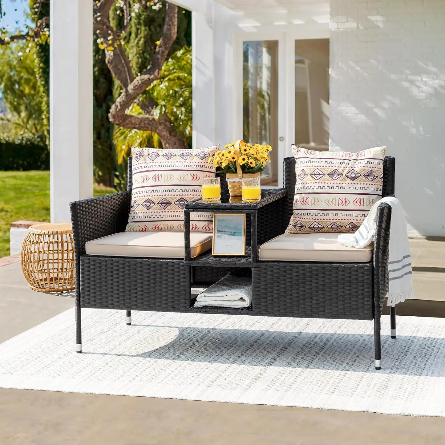 Modern Rattan Patio Loveseat With Cushions And Coffee Table