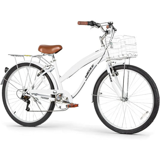 WEIZE Beach Cruiser Bike, 26 inch Commuter Bicycle for Adult Men and Women, 7-Speed/High-Carbon Steel/Front & Rear Fenders