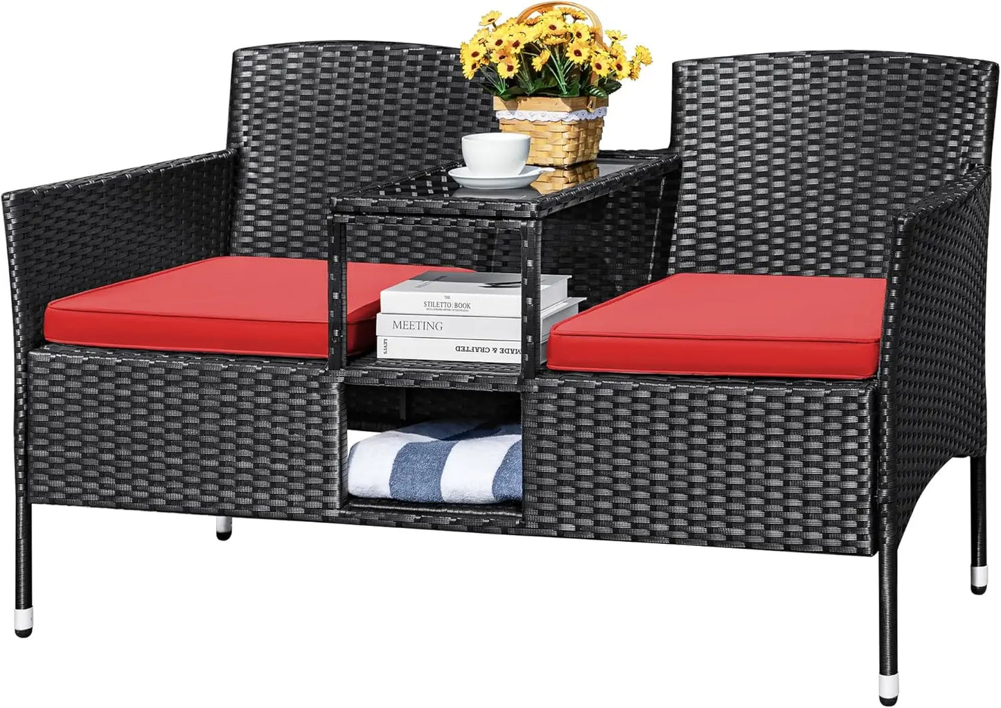 Modern Rattan Patio Loveseat With Cushions And Coffee Table