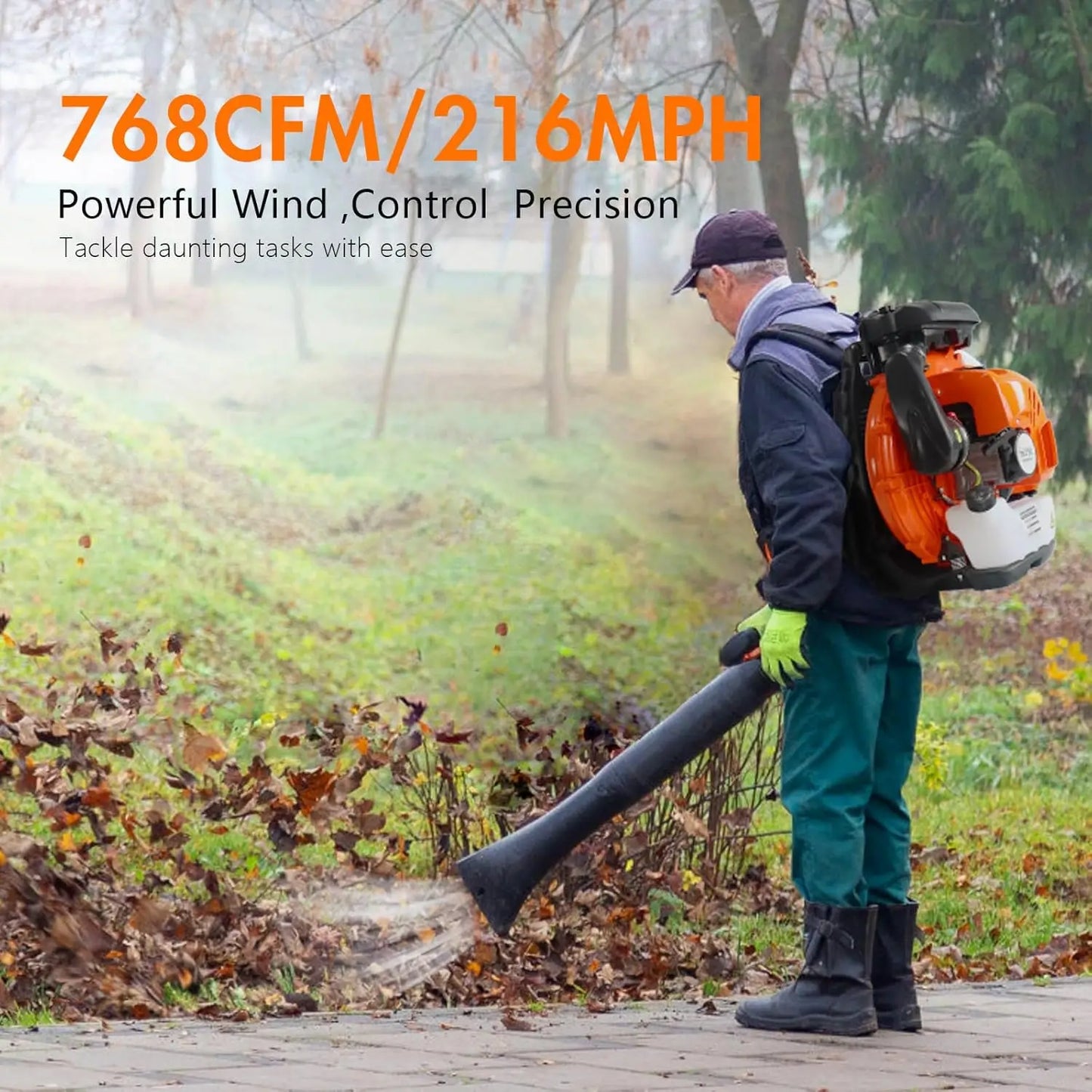 75.6cc Gas Leaf Blower Backpack Leaf Blower, 768 CFM,216 MPH,2-Cycle,Ergonomic Harness System,Low Vibration and Cruise Control P