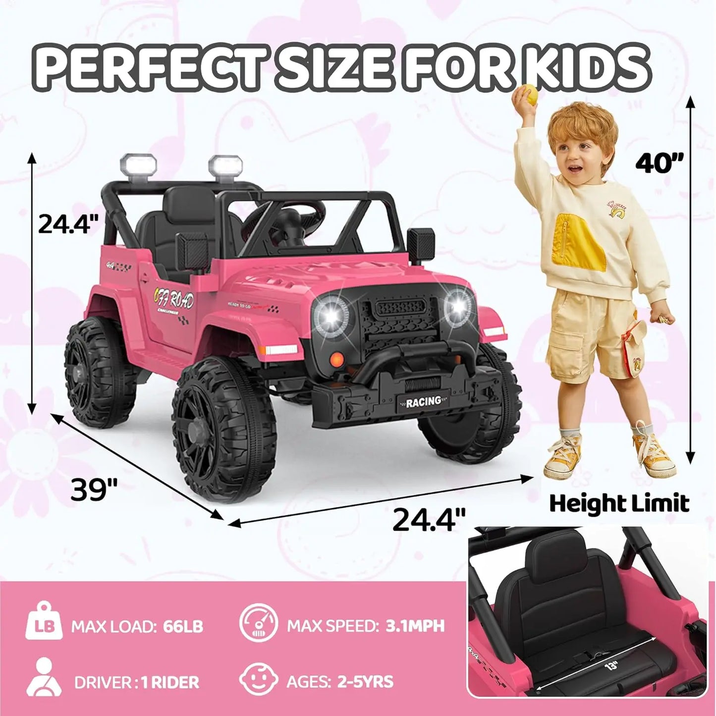 12V Ride On Truck Car with Remote Control, Kids Electric Vehicles with Bluetooth Music, Horn, 3 Speeds, 4 LED Lights, Soft Start