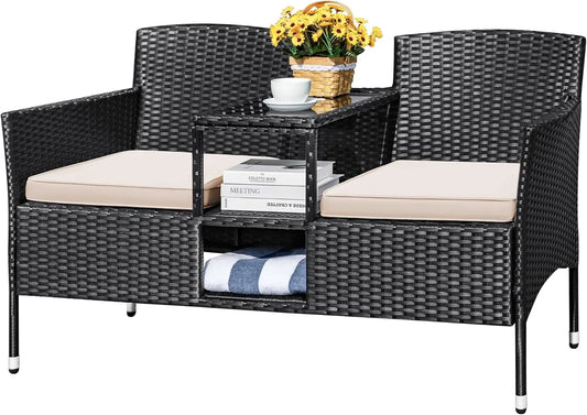 Modern Rattan Patio Loveseat With Cushions And Coffee Table