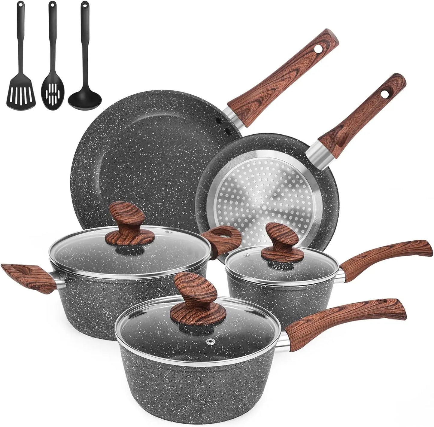 Granite Pots and Pans Set Ultra Nonstick, 11 Piece Die-Cast Cookware Sets with Frying Pan, Sauce Pan, Stockpot,
