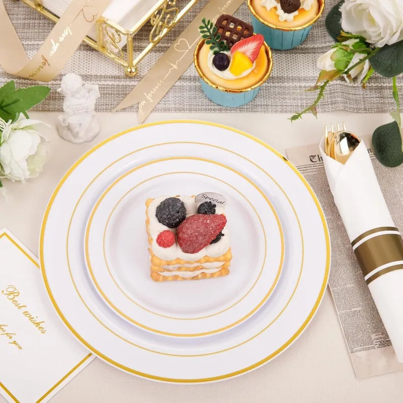 350Piece Gold Dinnerware Set for 50 Guests - Gold Plastic Plates with Disposable Cutlery Include:50Dinner Plates-50Dessert Plate