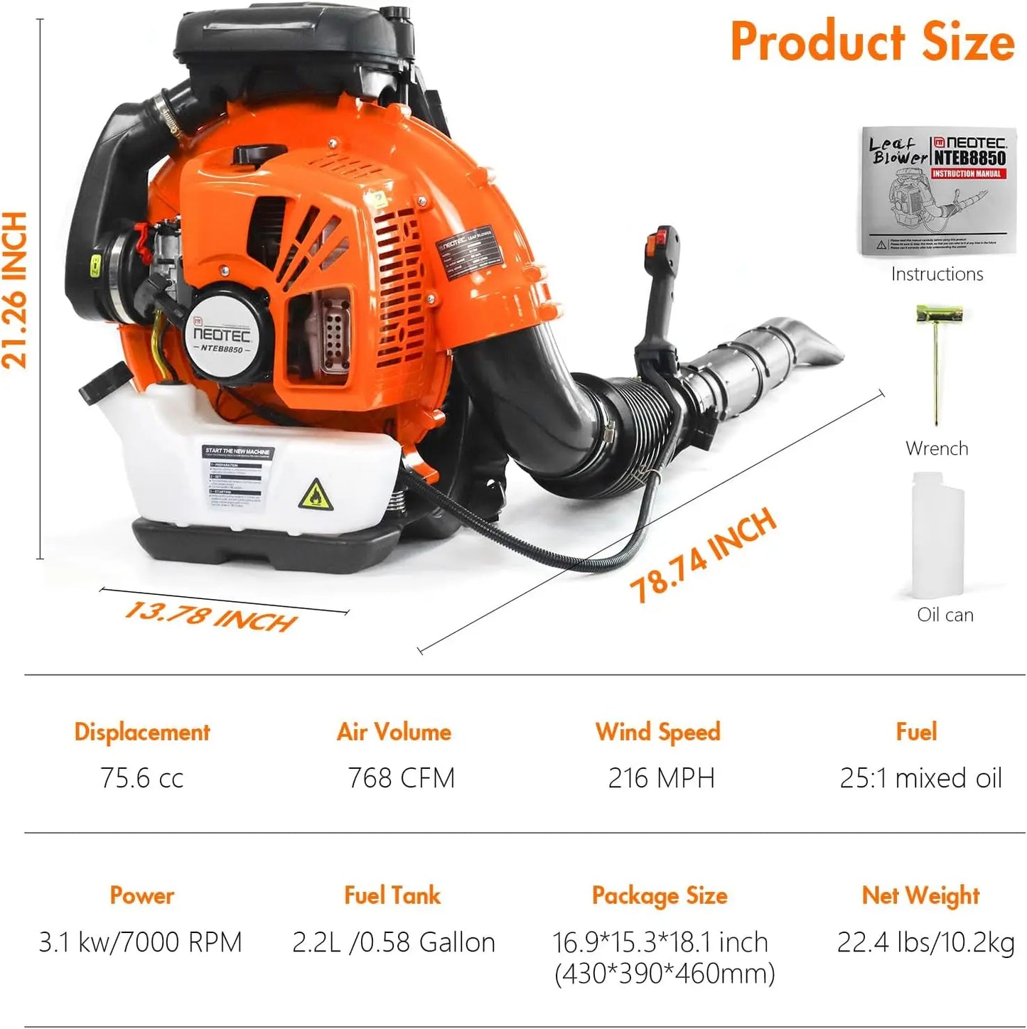75.6cc Gas Leaf Blower Backpack Leaf Blower, 768 CFM,216 MPH,2-Cycle,Ergonomic Harness System,Low Vibration and Cruise Control P