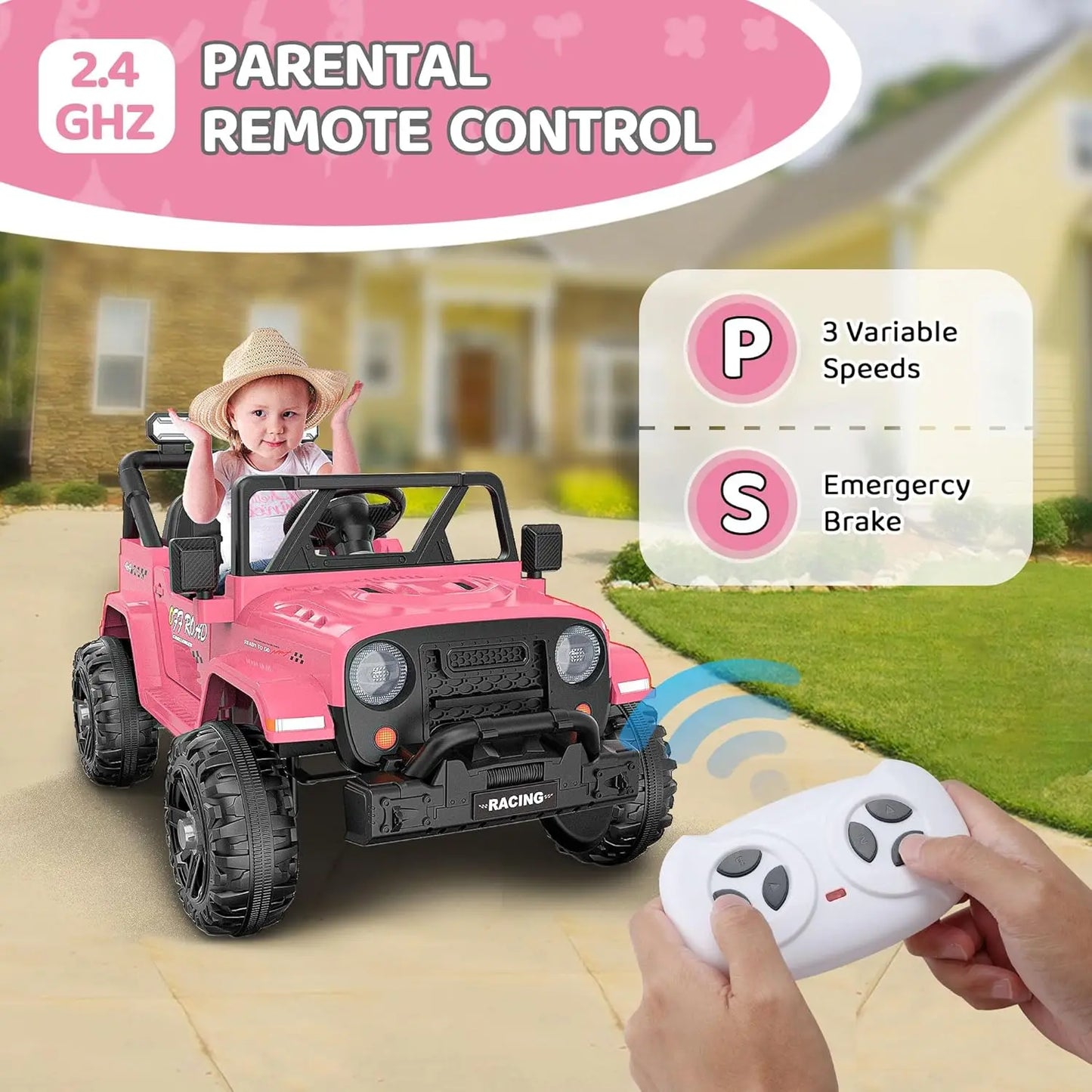 12V Ride On Truck Car with Remote Control, Kids Electric Vehicles with Bluetooth Music, Horn, 3 Speeds, 4 LED Lights, Soft Start