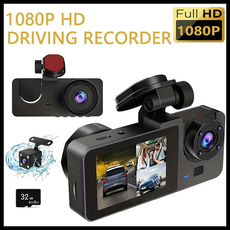3 Camera 1080P HD Dash Recorder 2.0-Inch IPS Screen Night Vision Recorder Large Wide Angle Cycle Recording