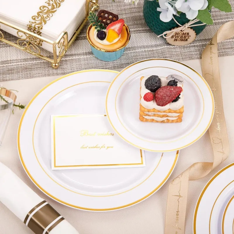 350Piece Gold Dinnerware Set for 50 Guests - Gold Plastic Plates with Disposable Cutlery Include:50Dinner Plates-50Dessert Plate