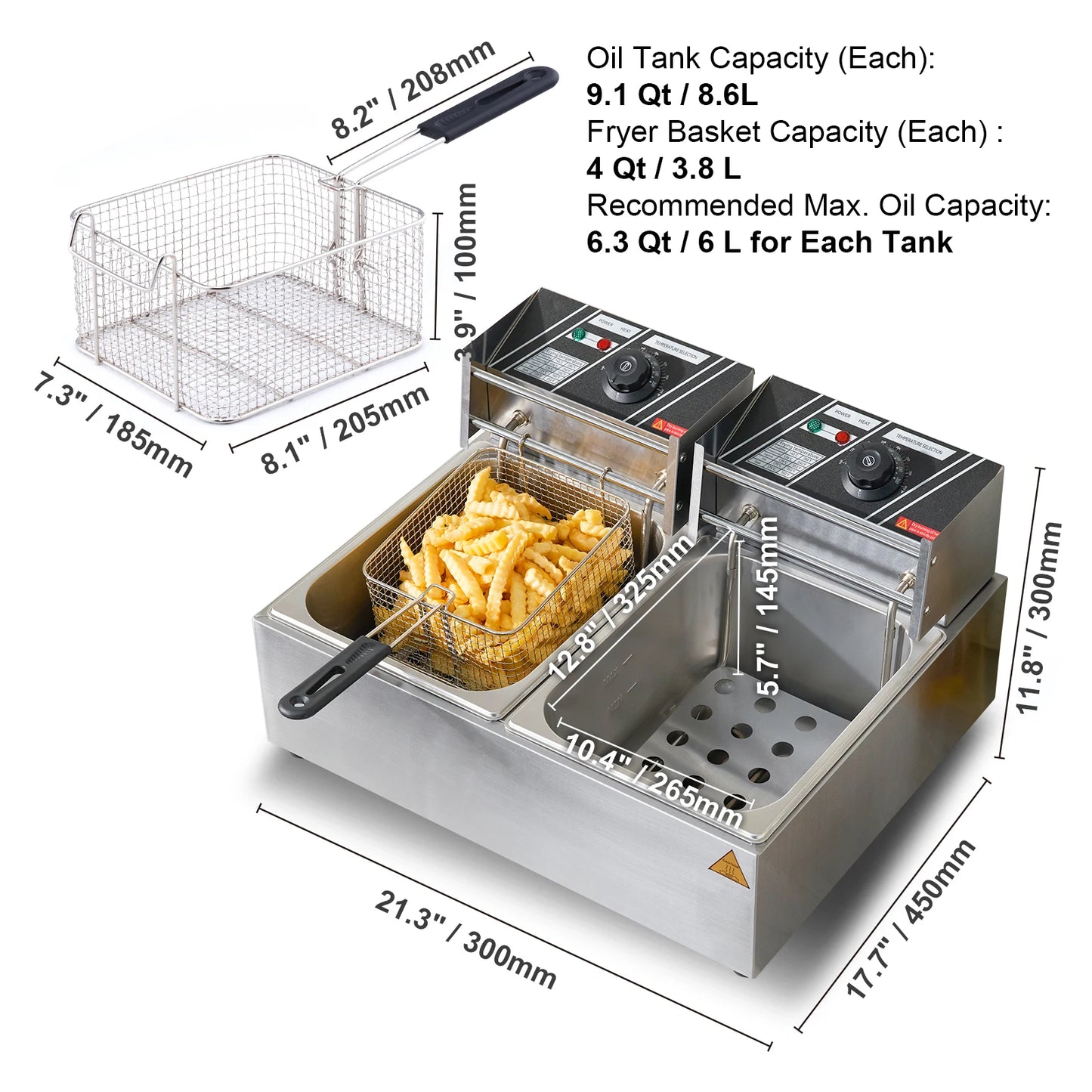 VEVOR  Electric Deep Fryer w/Dual Removable Tanks 12L 5000W Commercial Countertop  Fryer for Chicken French Fries Frying Chips