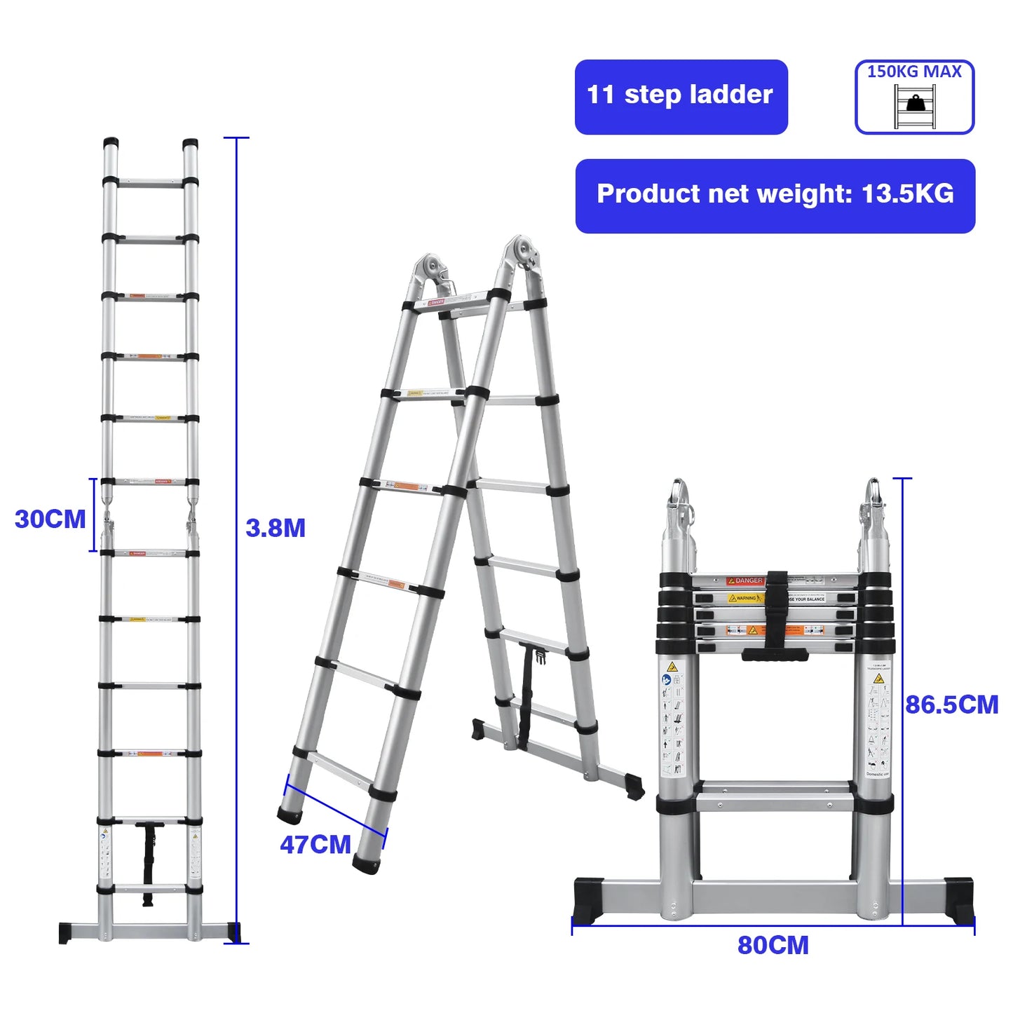 3.8M/5M Aluminium  Telescopic Ladder ,Heavy Duty Multi-Purpose A-Frame Sturdy Folding Ladder ,No-slip,150kg Load Capacity