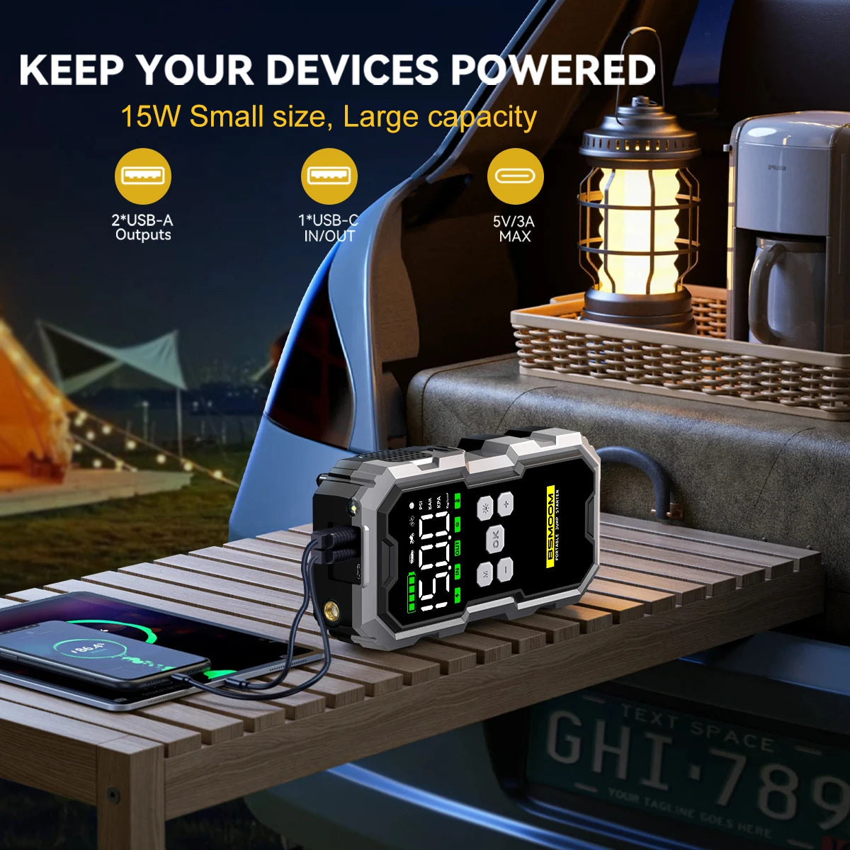 Powerful Car Jump Starter and Air Compressor with LED Light