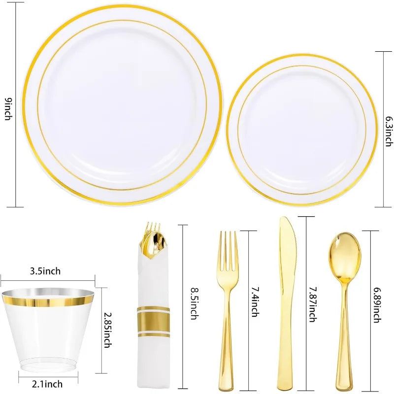 350Piece Gold Dinnerware Set for 50 Guests - Gold Plastic Plates with Disposable Cutlery Include:50Dinner Plates-50Dessert Plate