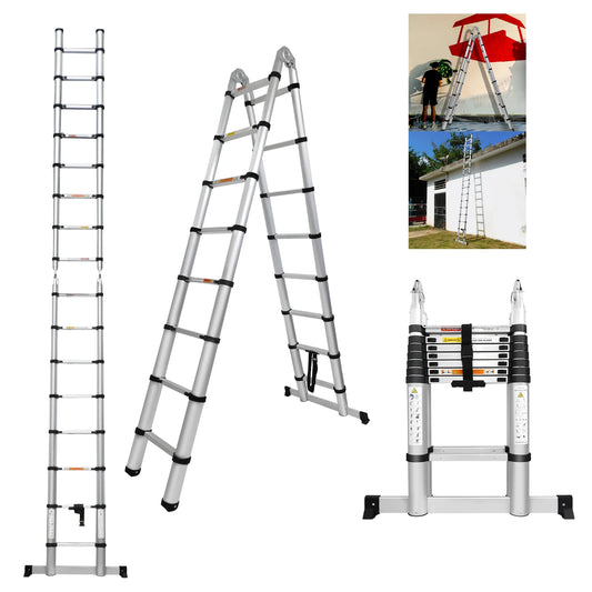 3.8M/5M Aluminium  Telescopic Ladder ,Heavy Duty Multi-Purpose A-Frame Sturdy Folding Ladder ,No-slip,150kg Load Capacity