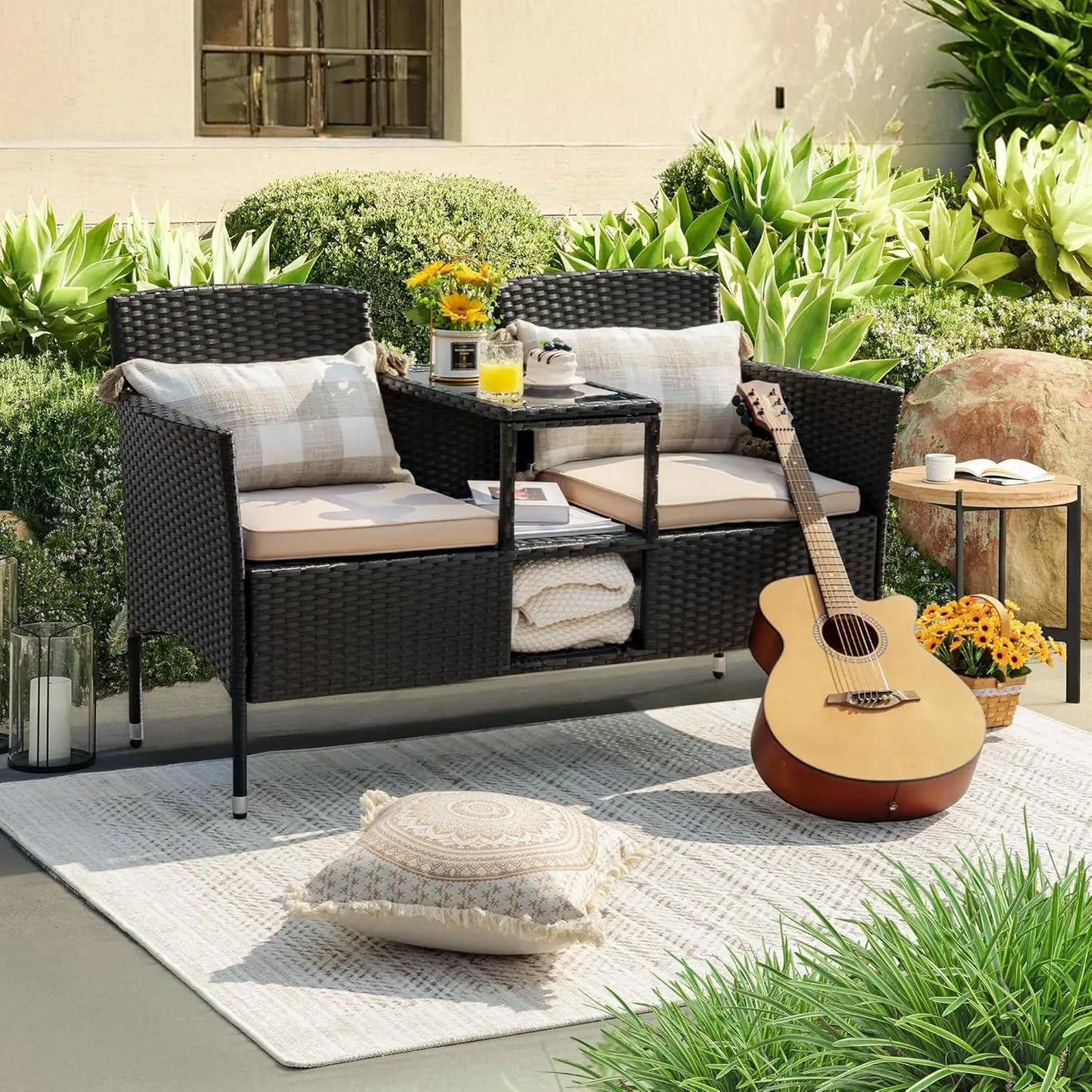 Modern Rattan Patio Loveseat With Cushions And Coffee Table