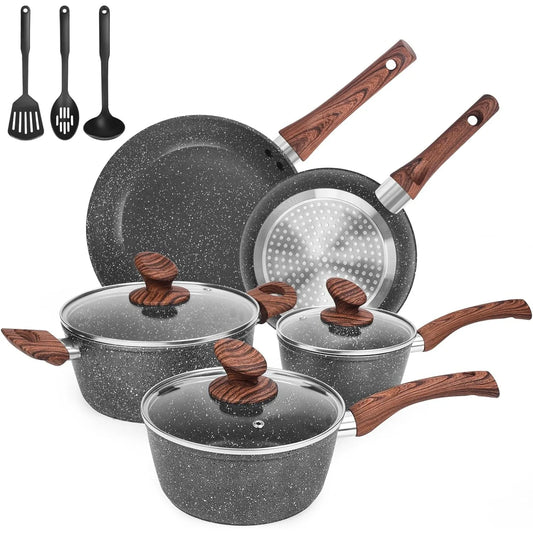 Granite Pots and Pans Set Ultra Nonstick, 11 Piece Die-Cast Cookware Sets with Frying Pan, Sauce Pan, Stockpot,