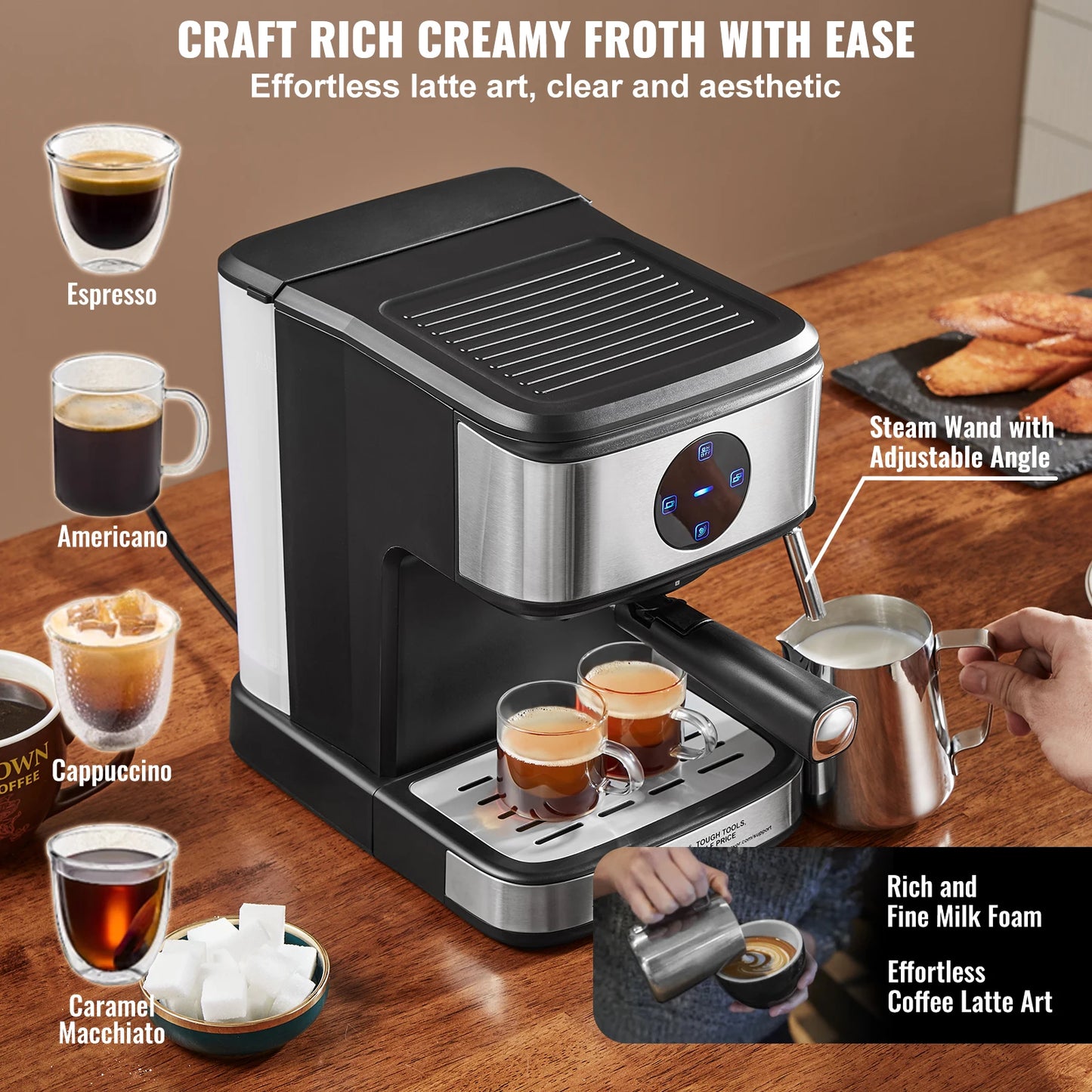 VEVOR Espresso Machine 15 Bar Coffee and Espresso Maker with Milk Frother Steam Wand Professional Semi-Automatic Coffee Machine