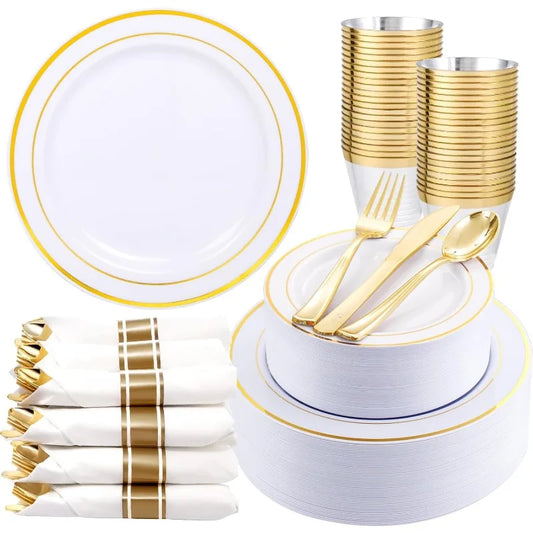 350Piece Gold Dinnerware Set for 50 Guests - Gold Plastic Plates with Disposable Cutlery Include:50Dinner Plates-50Dessert Plate